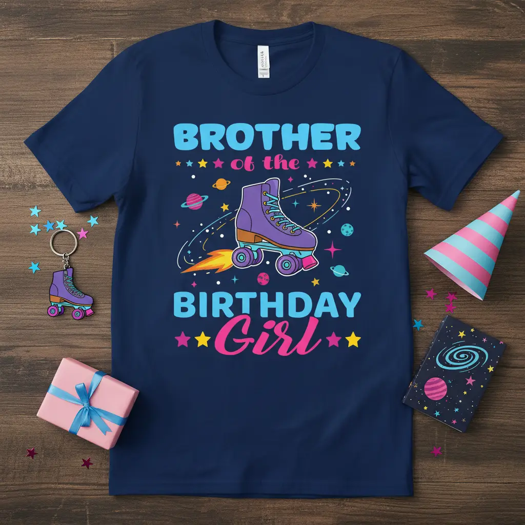 Brother of the Birthday Girl text with a purple roller skate flying through space illustration