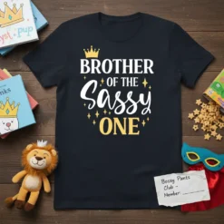 Brother of the Sassy One text with a crown and sparkles on a black t-shirt