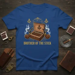 Brother of the Stick T-Shirt with Masonic symbols, cigar box, and smoking pipes graphic