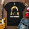 Black t-shirt with bold white and gold "BROTHERRR" text and a silhouette of a person's head with iconic hairstyle