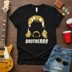 Black t-shirt with bold white and gold "BROTHERRR" text and a silhouette of a person's head with iconic hairstyle