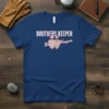 Brothers Keeper T-Shirt with two stylized figures and text, navy blue, white and red design