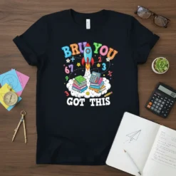 Black t-shirt with "Bru You Got This" text, rocket, books, calculator, and math symbols graphic