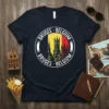 Bruges Belgium cityscape design with Belgian flag colors on a navy t-shirt, featuring the text Bruges Belgium