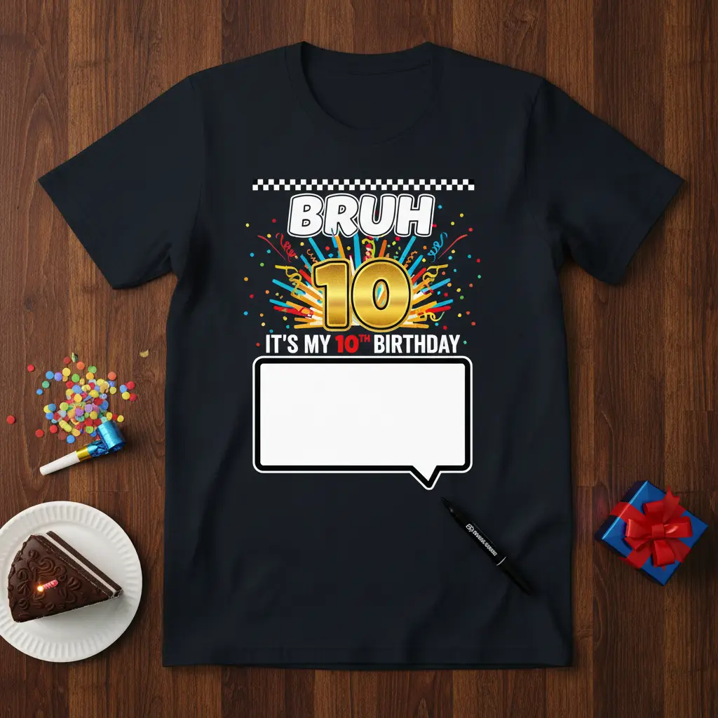 Bruh 10 It's My 10th Birthday text with gold number 10, festive confetti, and checkered border on a black tee