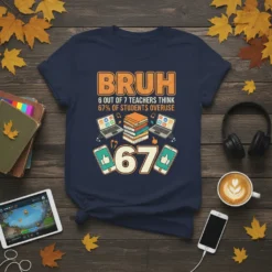 Bruh 6 out of 7 teachers think 67% of students overuse quote on a navy blue t-shirt with graphics of