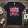 Bruh 67 text design with roses, hearts, and cupids on a navy t-shirt
