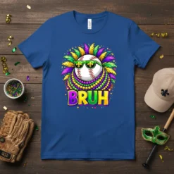 Baseball wearing sunglasses and Mardi Gras beads with the word BRUH on a royal blue t-shirt