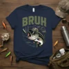 Bruh fishing t-shirt design with a largemouth bass wearing sunglasses and a hat, caught on a lure