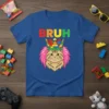 Bruh cat king t-shirt with colorful "BRUH" text and a cat wearing a block crown with pink fluff