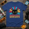 Bruh cat t-shirt with retro sunburst design and bold typography