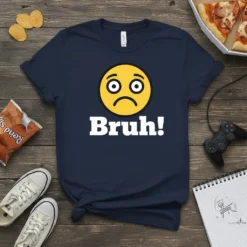 Navy blue t-shirt with a yellow emoji face looking surprised and a white text "Bruh!" below it