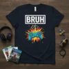Bruh gamer t-shirt with a blue retro game controller and explosion graphic, perfect for gaming enthusiasts
