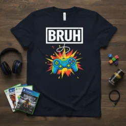 Bruh gamer t-shirt with a blue retro game controller and explosion graphic, perfect for gaming enthusiasts