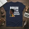 Bruh I Am Black History text with profile of a young Black person wearing Pan-African colors on a navy t-shirt