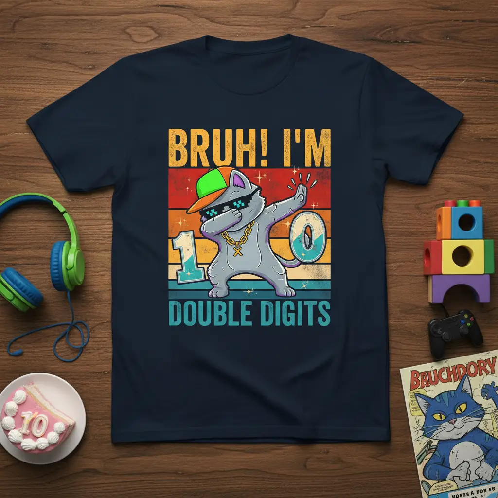 Bruh! I'm 10 Double Digits text and dabbing cat graphic for a 10th birthday t-shirt