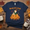 Bruh It's Fall t-shirt with a cartoon duck in a pumpkin holding coffee, surrounded by autumn leaves