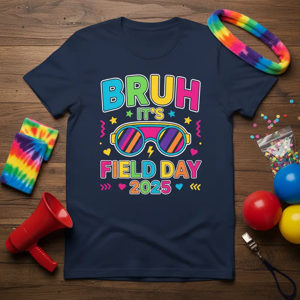 BRUH IT'S FIELD DAY 2025 text and retro sunglasses graphic on a navy blue school event t-shirt