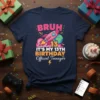 Bruh It's My 13th Birthday Official Teenager text with rocket and Earth graphic on a navy t-shirt