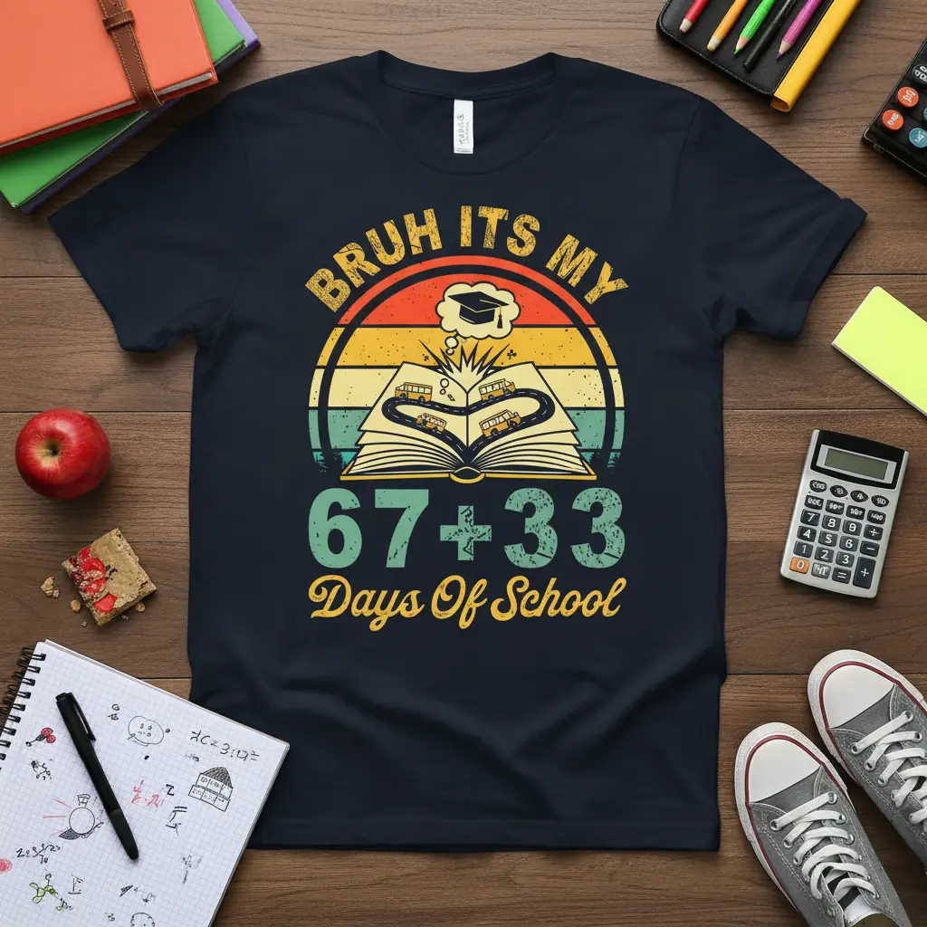 Bruh Its My 67+33 Days Of School T-Shirt featuring retro sunset, open book with buses, and graduation cap graphic