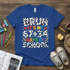Bruh It's My 67+34 Days of School text design with dalmatian spots, apples, and pencils