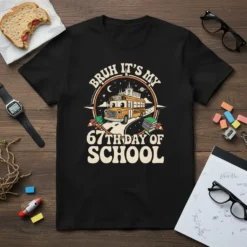 Bruh It's My 67th Day Of School t-shirt design with a cartoon school bus and retro text