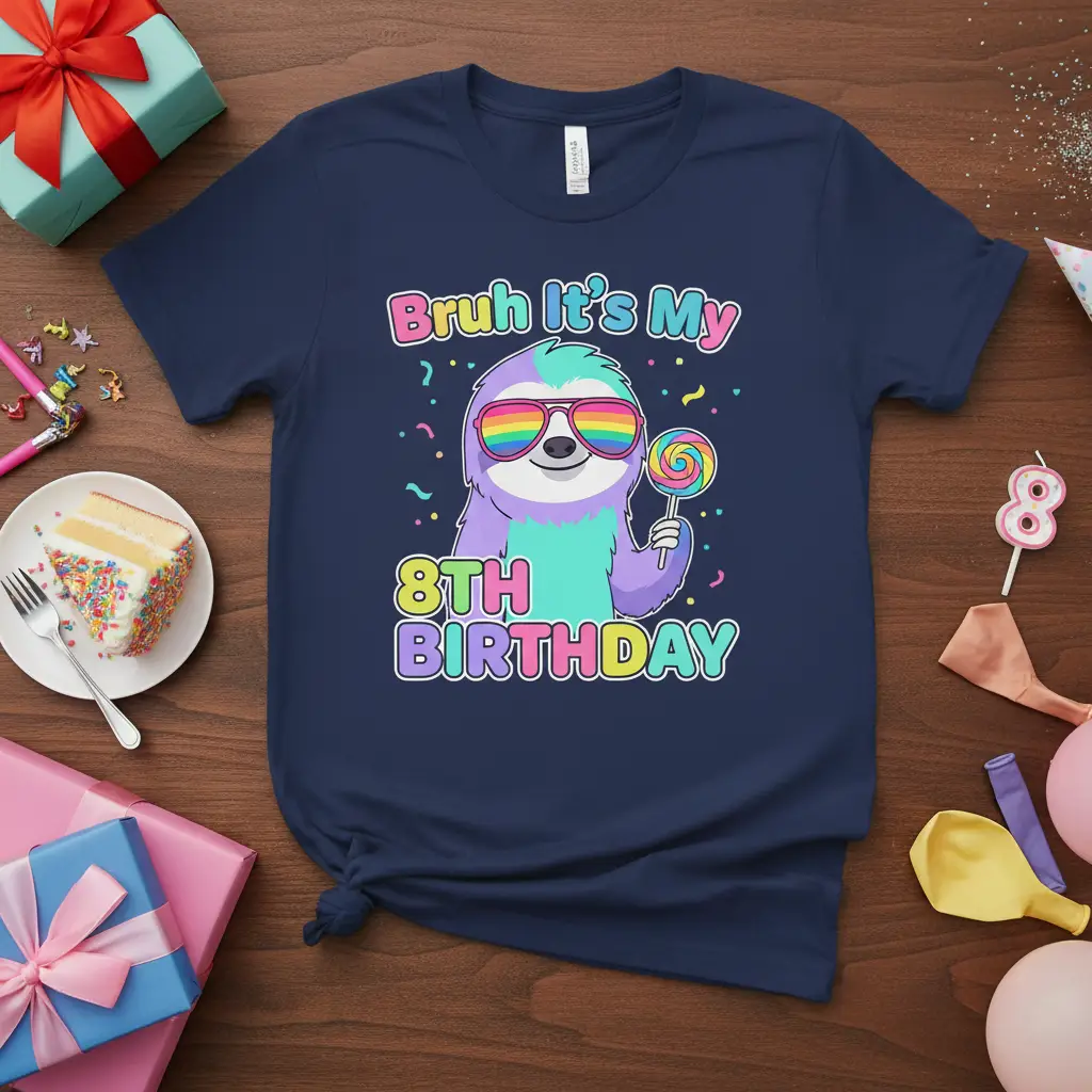 Bruh It's My 8TH BIRTHDAY text and sloth graphic on a birthday party t-shirt
