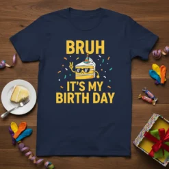 Bruh It's My Birth Day text with a cartoon cake wearing sunglasses and a party hat, on a navy t-shirt