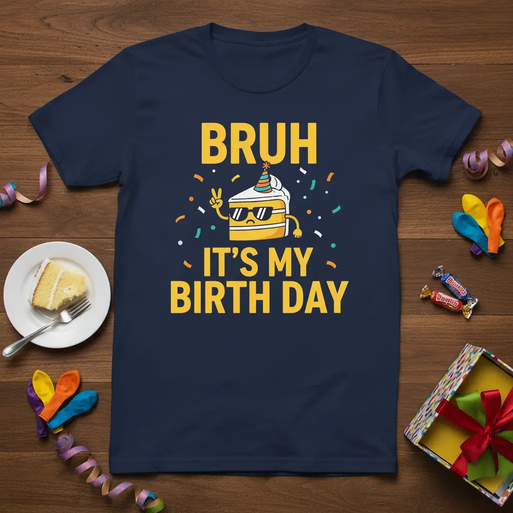 Bruh It's My Birth Day text with a cool cartoon cake character on a navy blue t-shirt
