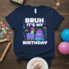 Bruh It's My Birthday text with a cartoon llama and birthday cake graphic, colorful party elements