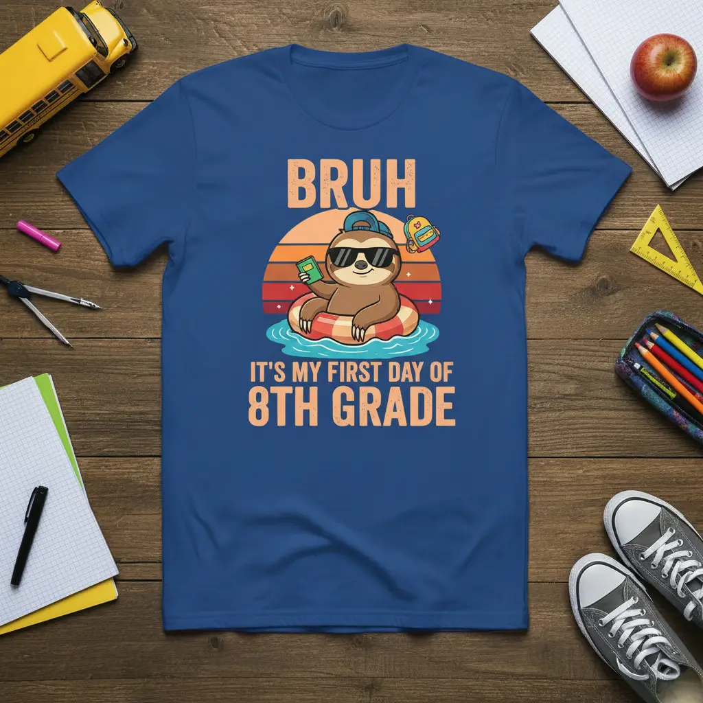 Bruh It's My First Day of 8th Grade text and sloth graphic on a t-shirt for back to school
