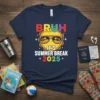 Bruh It's Summer Break 2025 text with a smiling sun wearing sunglasses on a navy blue t-shirt