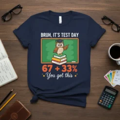 T-shirt design featuring "Bruh, It's Test Day" text, an owl on books, and "67 + 33% You Got This" quote