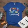 BRUH it's TEST DAY You got this! text with rocket, books, brain, graduation cap, and lightbulb graphics on a blue