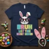 Bruh Let The Hunt Begin text with a cool bunny wearing sunglasses on a navy t-shirt, perfect for Easter celebrations