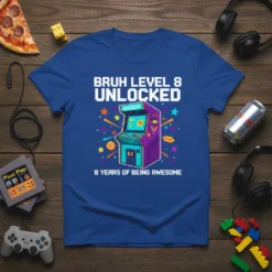Bruh Level 8 Unlocked 8 Years of Being Awesome t-shirt with retro arcade graphic for 8th birthday