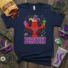 Navy t-shirt with a cartoon lobster wearing a jester hat and beads, with the word "BRUH" below