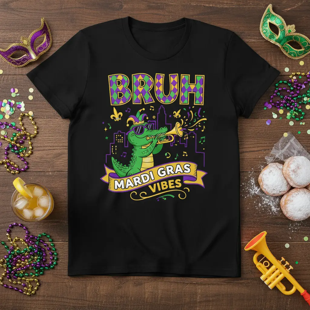 Bruh Mardi Gras Vibes alligator playing trumpet graphic with festive Mardi Gras colors and city skyline