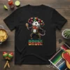 Bruh! text with a mariachi opossum wearing a sombrero and holding maracas on a black t-shirt