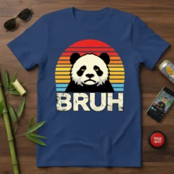 Bruh panda t-shirt with a grumpy panda face and vintage sunset design. Features the word "BRUH" in distressed lettering