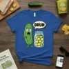 Funny Bruh pickle graphic t-shirt with a startled pickle character next to a jar of pickles