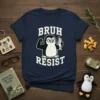 Bruh Resist funny penguin t-shirt design with text and a cartoon penguin holding a fish