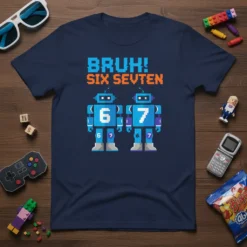 Bruh! Six Sevten t-shirt design with two pixelated robots numbered 6 and 7, retro gaming style