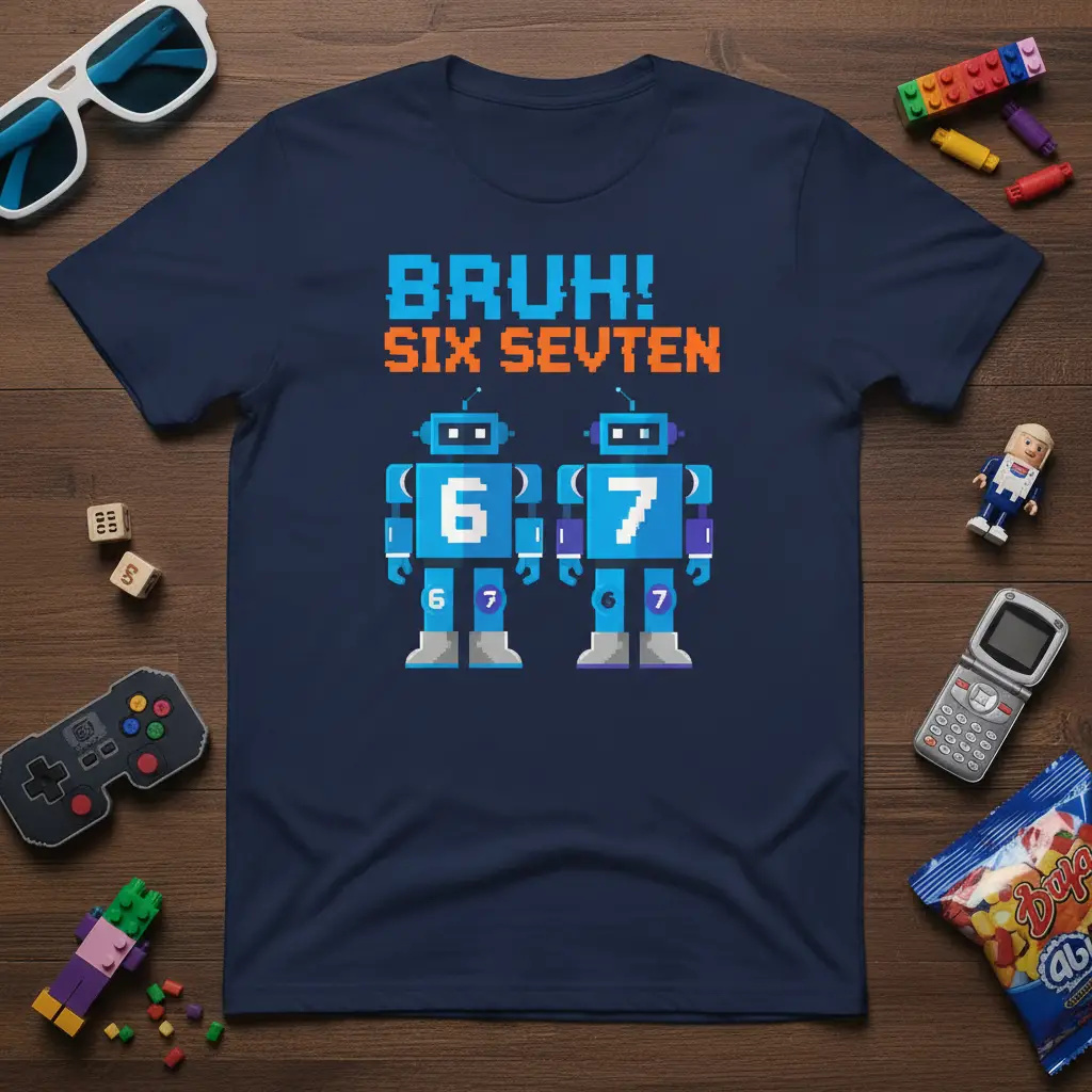 BRUH! SIX SEVTEN text above two pixelated blue robots, one with a '6' and the other a '7', retro 8-bit design