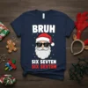 Bruh Six Sevten Six Sevten t-shirt with a sunglasses-wearing Santa Claus graphic and festive snowflakes