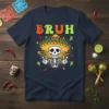 Bruh text above a skeleton wearing a sombrero, holding peace signs, with cacti and chili peppers graphic on a navy