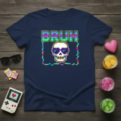 Bruh skull t-shirt with 8-bit pixel art design and sunglasses, featuring the word BRUH in neon colors