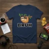 Navy blue t-shirt with the word "BRUH" and a cartoon sloth wearing sunglasses hanging from a branch