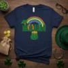 Bruh St Patricks Day t-shirt with a green leprechaun hat, rainbow, pot of gold, and shamrocks