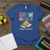Bruh We Back Back to School t-shirt design with colorful distressed text, a school bus, and open books